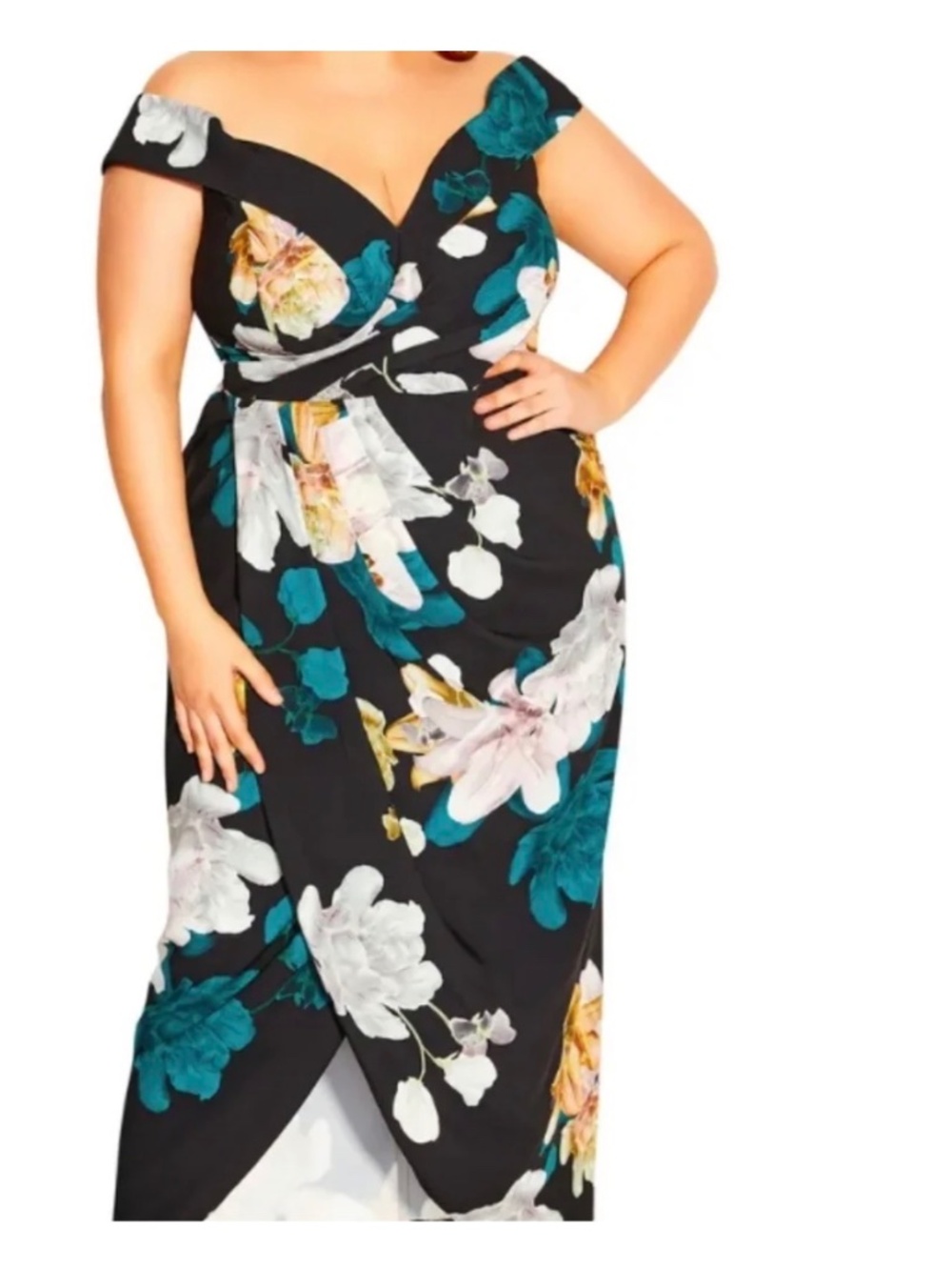 City Chic Plus Size XL/22 Black Floral Off-Shoulder Midi Dress Wedding Guest